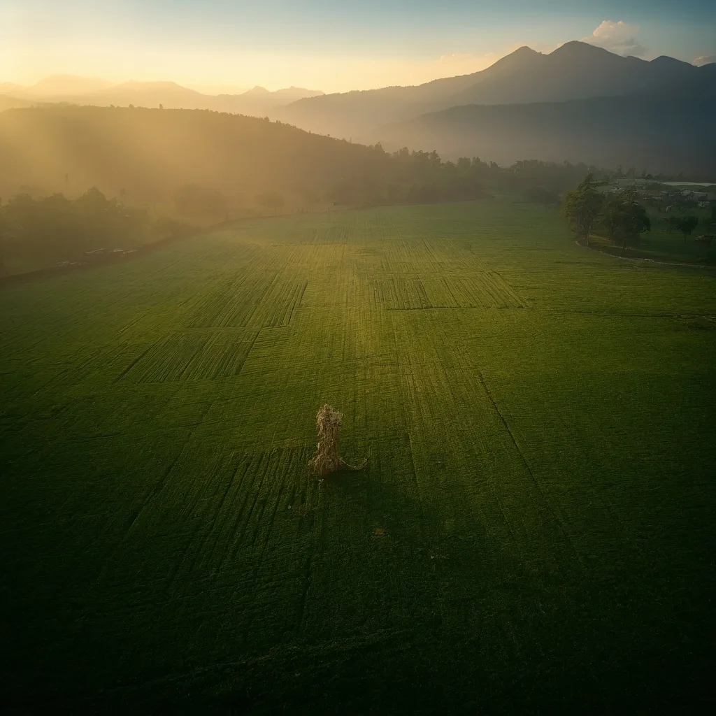 Campos agricolas colombianos con cultivos de alta calidad, fotografia cinematica con luz natural dorada al atardecer