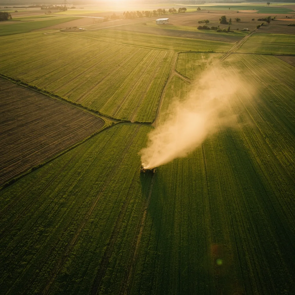 Cal agricola aplicada en campos de cultivo colombianos, paisaje rural con suelo trabajado y cielo azul, fotografia aerea cinematica