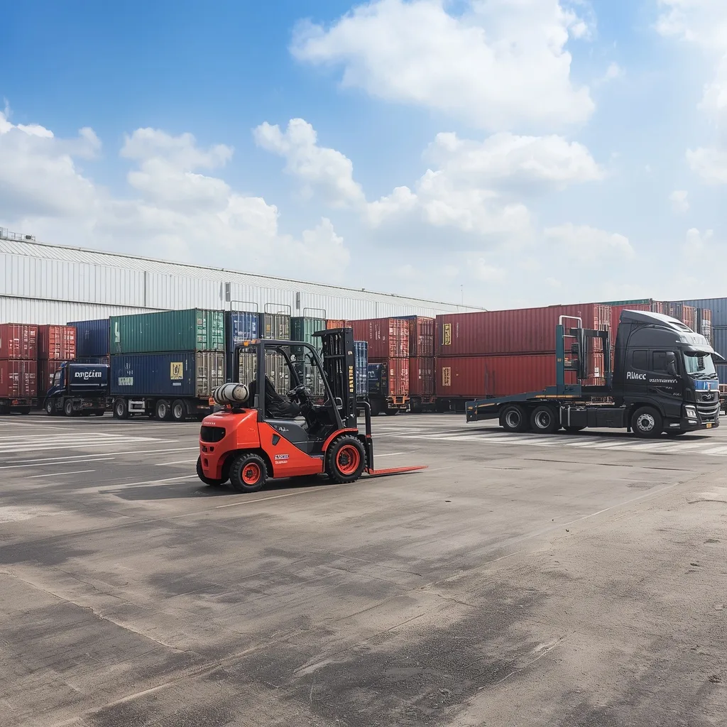 Centro logistico de zona franca con contenedores, gruas y bodegas de almacenamiento, fotografia aerea cinematica con luz natural y horizonte amplio